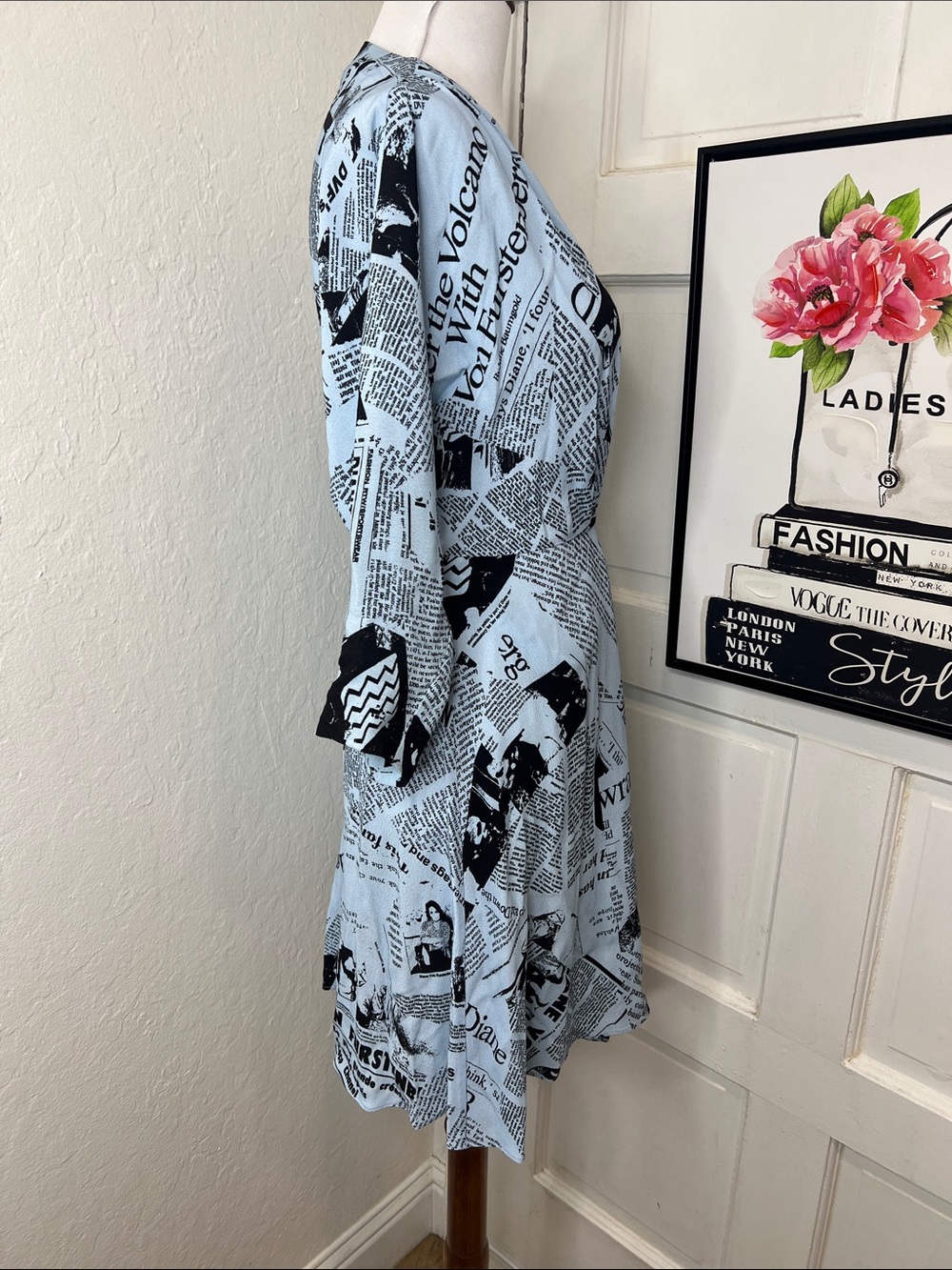 Diane Von Furstenberg Light Blue and Black Newspaper Print Wrap Dress - Picture 3 of 9